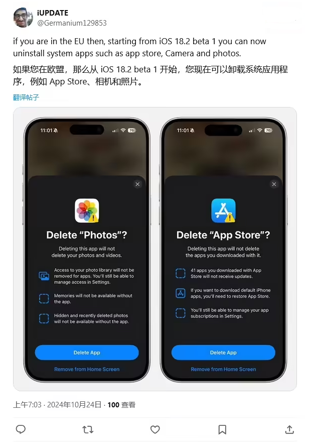 宁城苹果手机维修分享iOS 18.2 支持删除 App Store 应用商店 