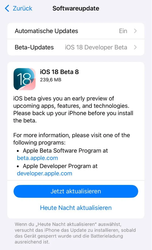 宁城苹果手机维修分享苹果 iOS / iPadOS 18 开发者预览版 Beta 8 发布 